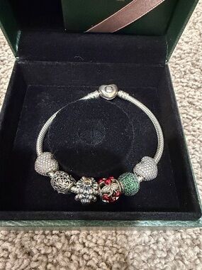 Pandora Silver Charm Bracelet with 5 Charms and Gift Box